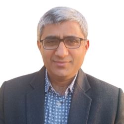 Badri Bajaj PCC PHD headshot photo, gray haired man wearing a suit and glasses smiling