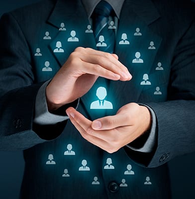 person in suit holding hands around a person icon with the hands surrounded by other people icons