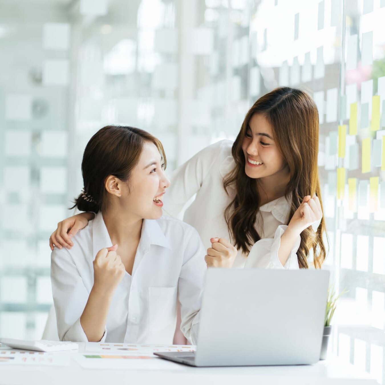Two women look a laptop in an a calm office setting.