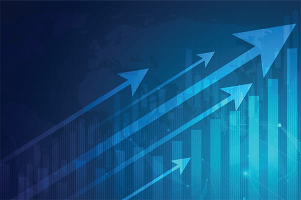 arrows pointing up & to the right following the same trend as bars below all in blue