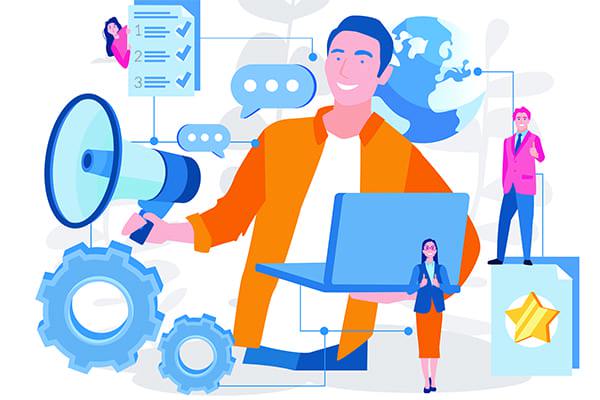 cartoon-style graphic on coaches with a to-do list, loudspeaker, laptop, chat bubbles, gold star, gears, and a globe