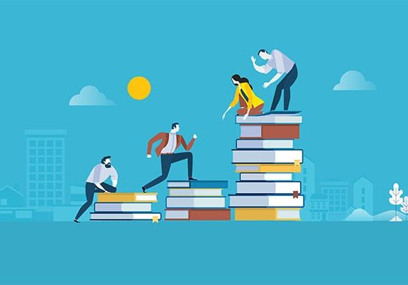 three levels of people striving to reach the top with those at the top coaching the others to help them