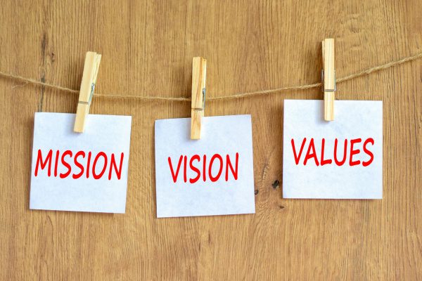 sticky notes on a string with clothes pins stating Mission Vision and Values