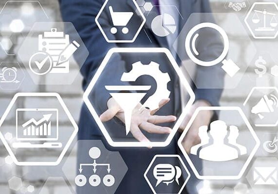 man behind transparent screen indicating a highlighted icon of a funnel or filter and gear icon