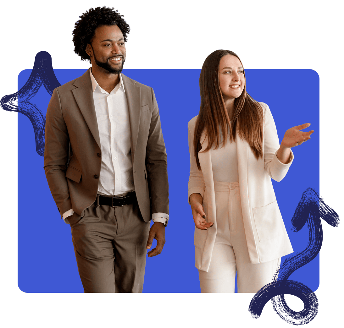 Two professionals walking side by side, smiling and talking against a blue abstract background.