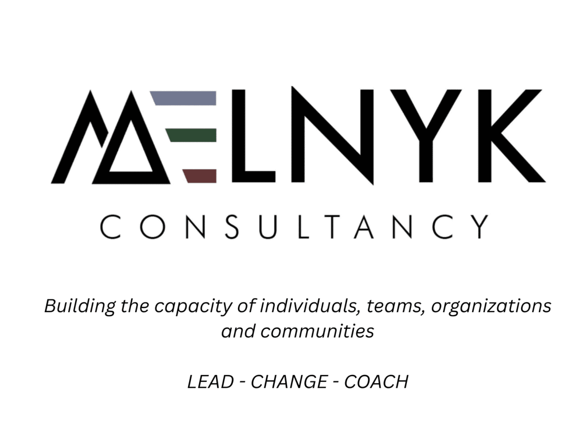 The Melnyk Consultancy logo has a wordmark of its name on a transparent background, and text that says, “building the capacity of individuals, teams, organizations, and communities.”