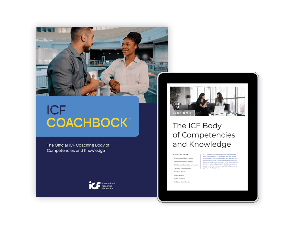 Cover of the ICF Coaching Body of Competencies and Knowledge (COACHBOCK) featuring two professionals talking, alongside a tablet displaying the ICF Body of Competencies and Knowledge document.
